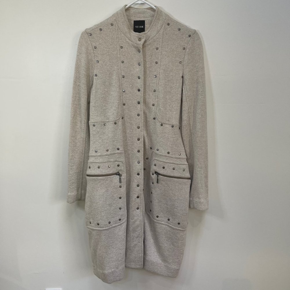 Metal Studded Cotton Coat, Knee Length. Cream/Heather Grey / Women's Medium